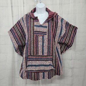 Baja Joe Red Blue Striped Baja Hooded Jacket Beach Hippie L/XL